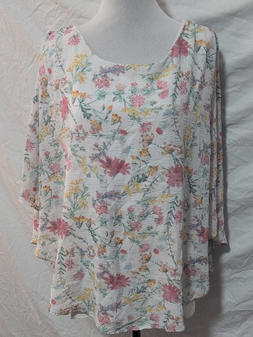 I.N. Studio White Scoop-Neck Floral Tunic with Pink & Yellow Blooms